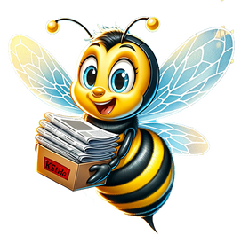 A cartoon bee holding a box of newspapers