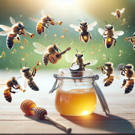 bees over an open glass of honey making Musik with different instruments